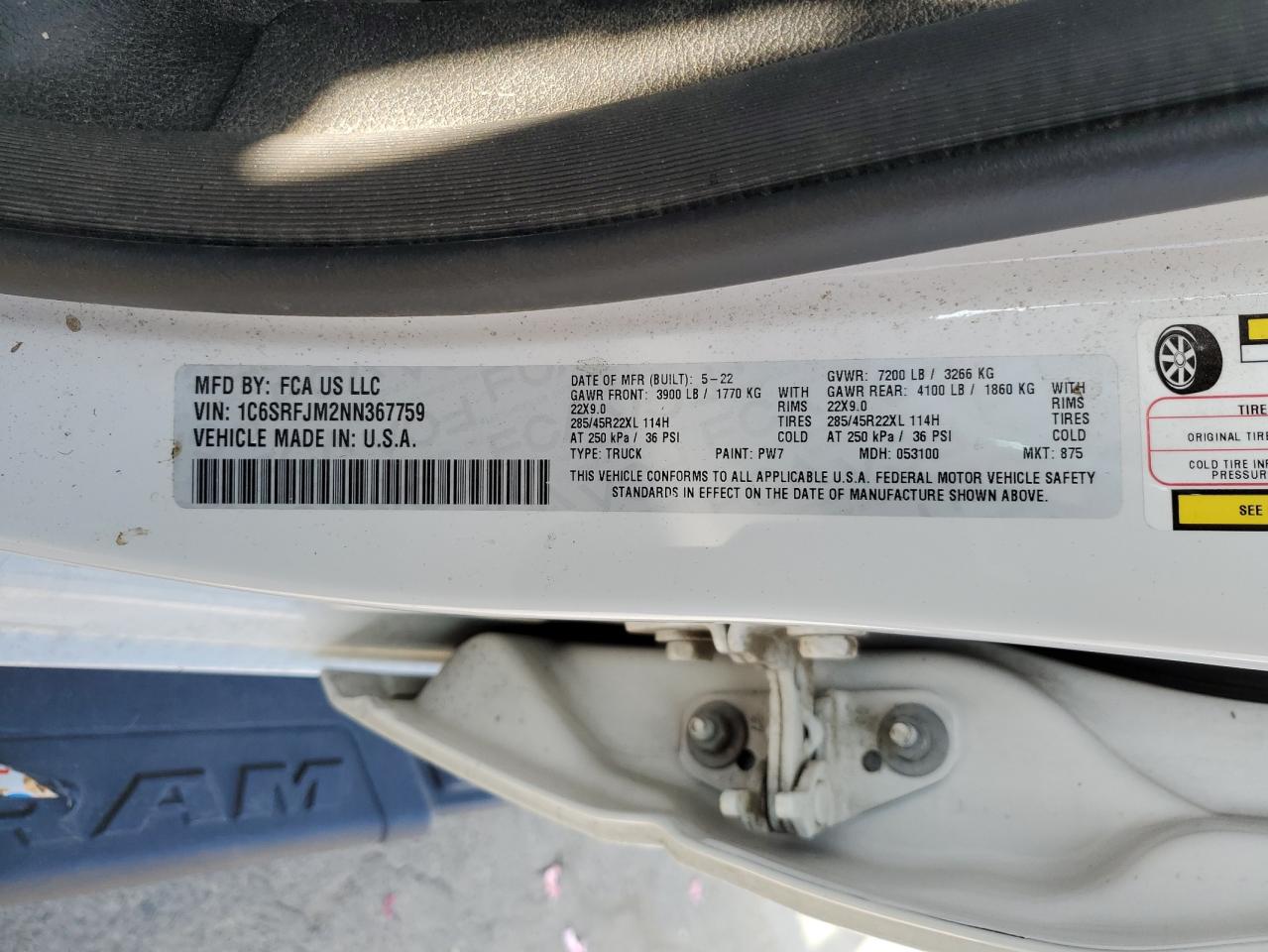 2022 RAM 1500 LARAMIE VIN:1C6SRFJM2NN367759