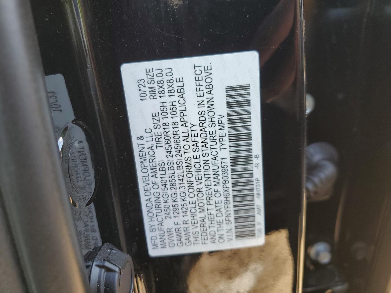 2023 HONDA PASSPORT TRAIL SPORT VIN:5FNYF8H6XPB039571