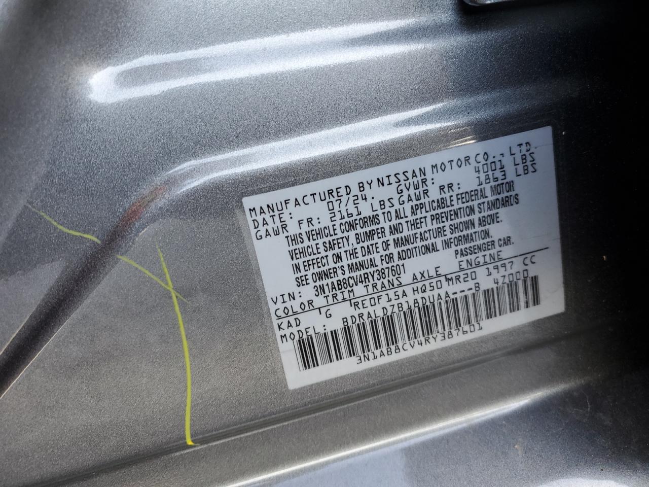 2024 NISSAN SENTRA SV VIN:3N1AB8CV4RY387601