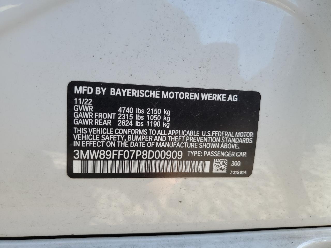 2023 BMW 330XI VIN:3MW89FF07P8D00909