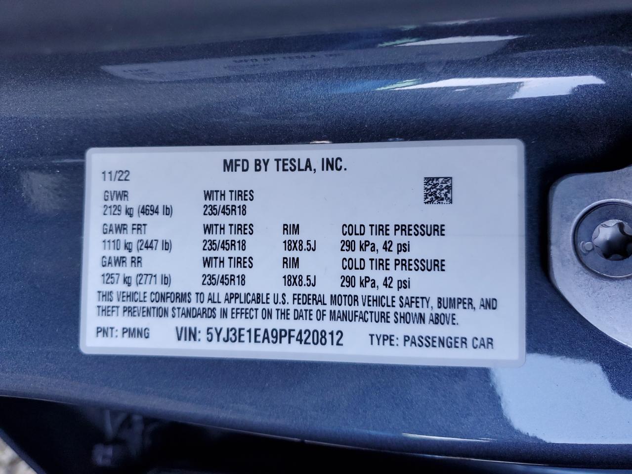 2023 TESLA MODEL 3 VIN:5YJ3E1EA9PF420812