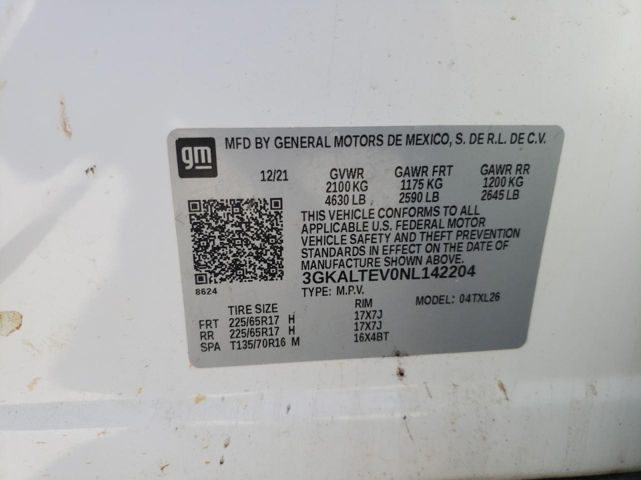 2022 GMC TERRAIN SLE VIN:3GKALTEV0NL142204