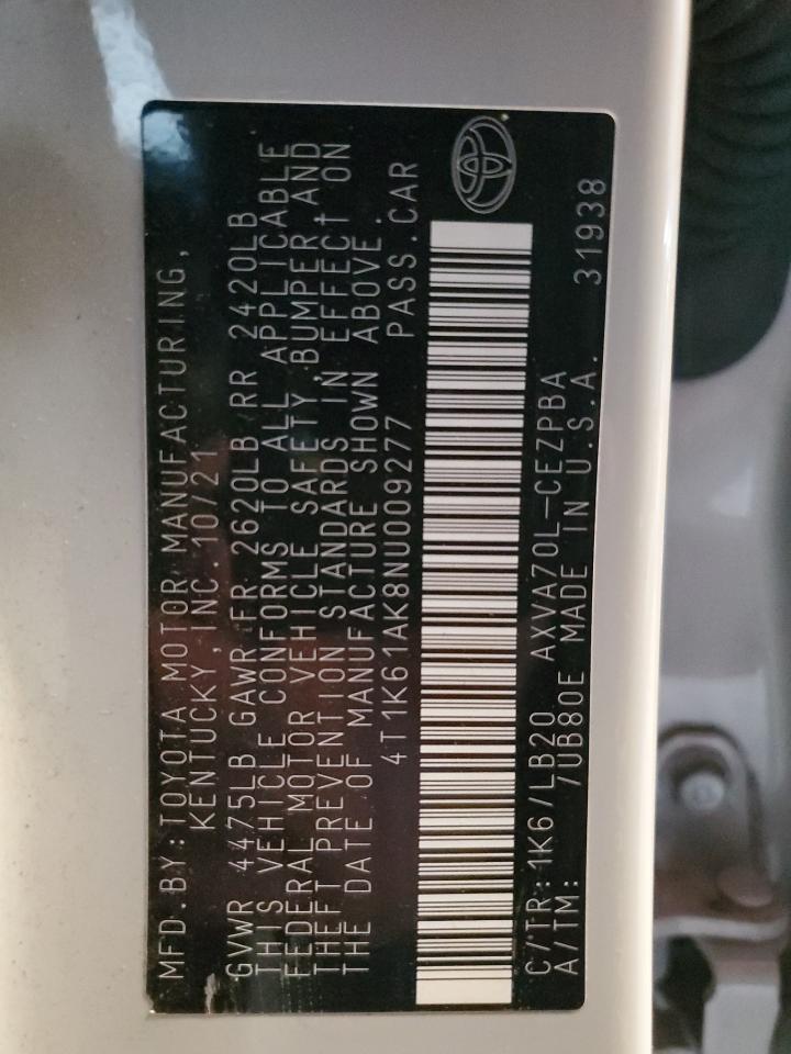 2022 TOYOTA CAMRY XSE VIN:4T1K61AK8NU009277