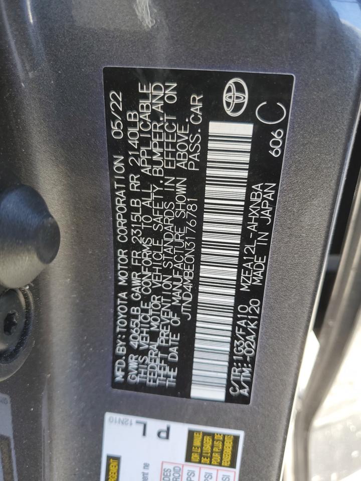 2022 TOYOTA COROLLA SE VIN:JTND4MBE0N3176781