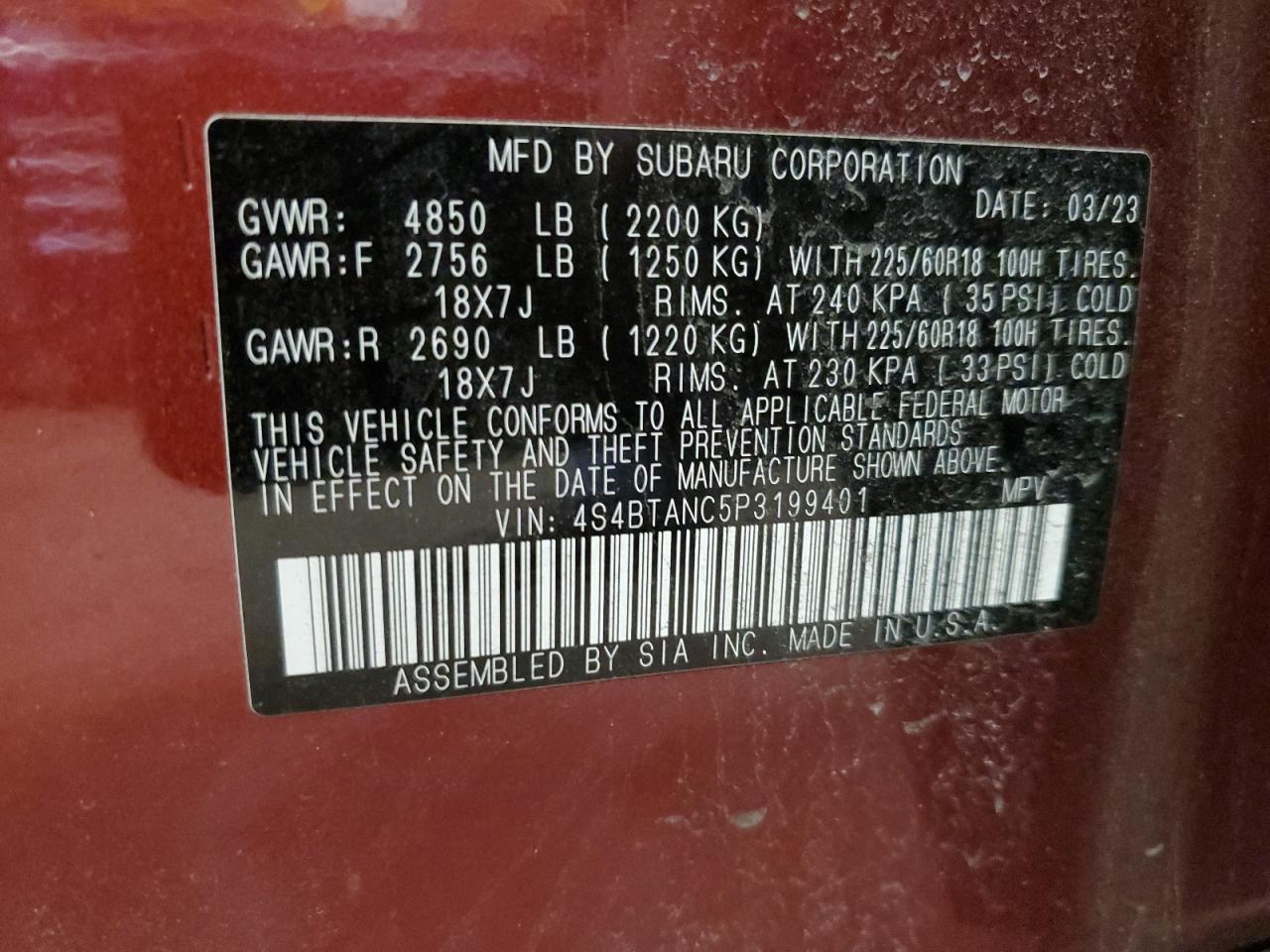 2023 SUBARU OUTBACK LIMITED VIN:4S4BTANC5P3199401