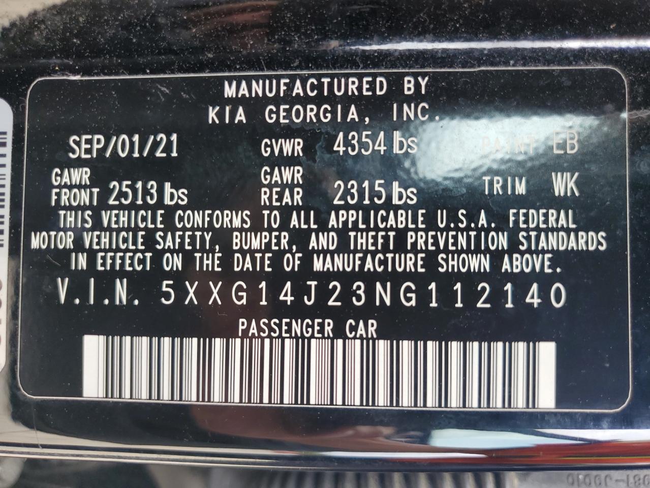 2022 KIA K5 LXS VIN:5XXG14J23NG112140