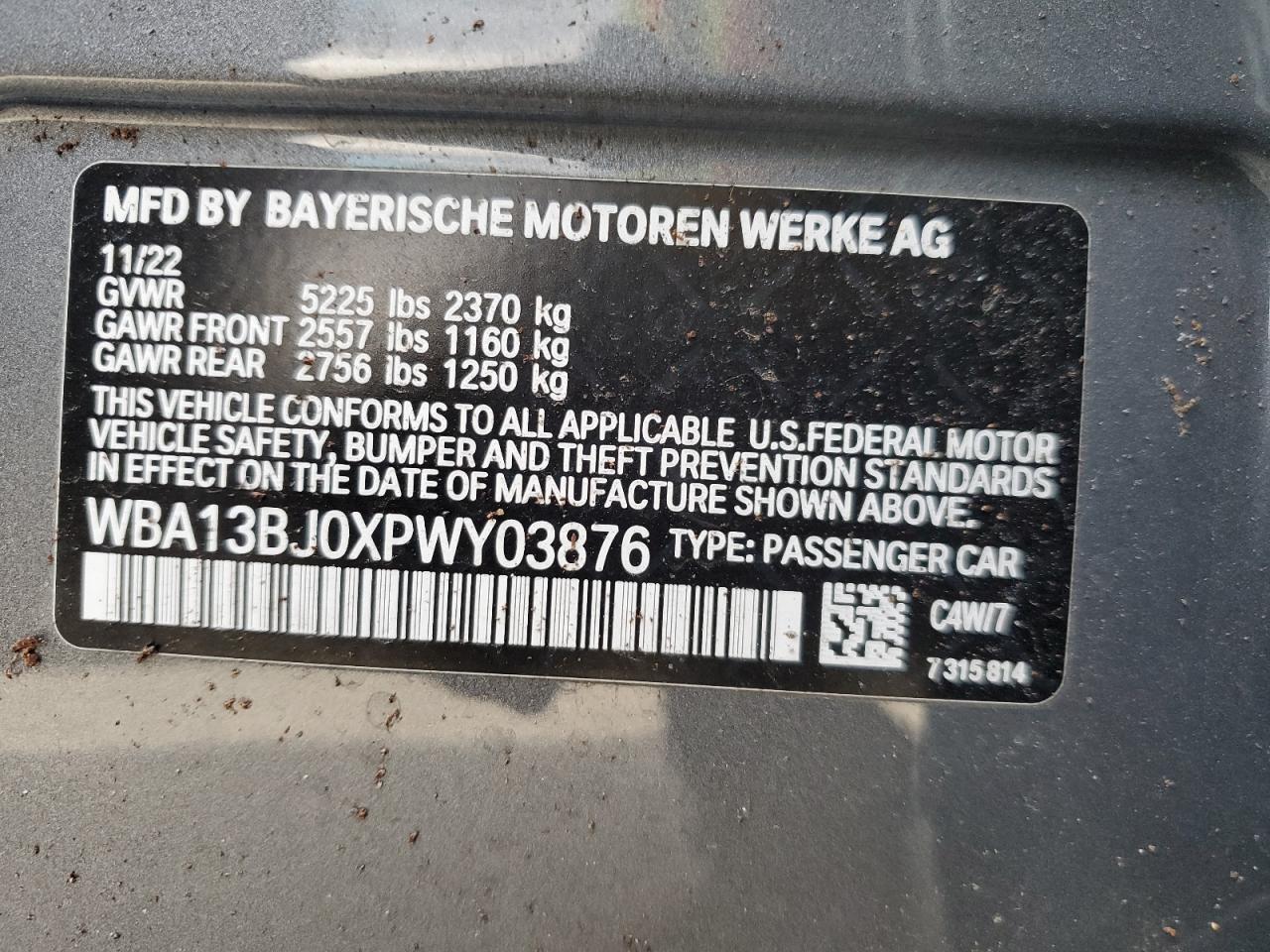 2023 BMW 530 XI VIN:WBA13BJ0XPWY03876