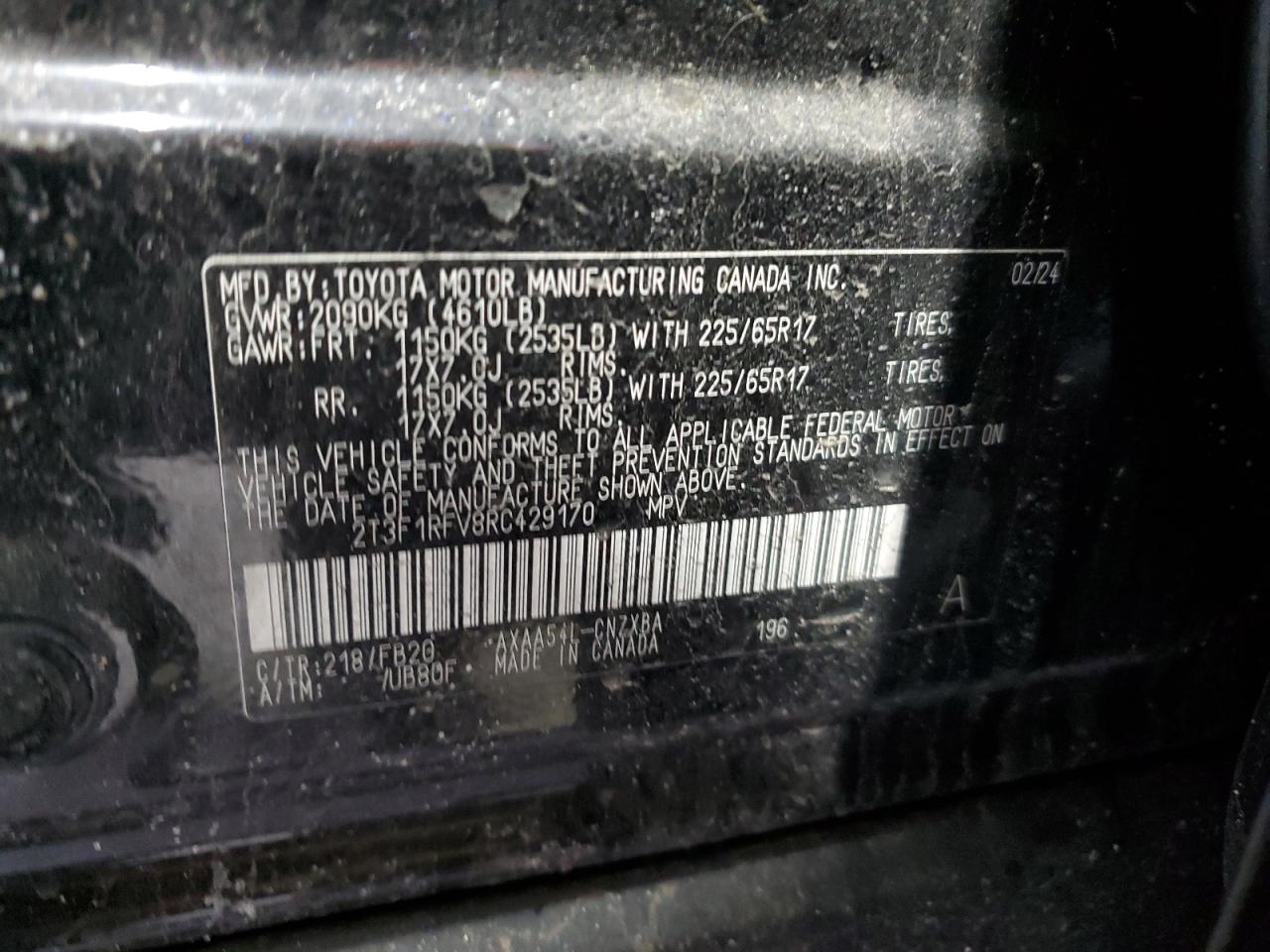 2024 TOYOTA RAV4 LE VIN:2T3F1RFV8RC429170