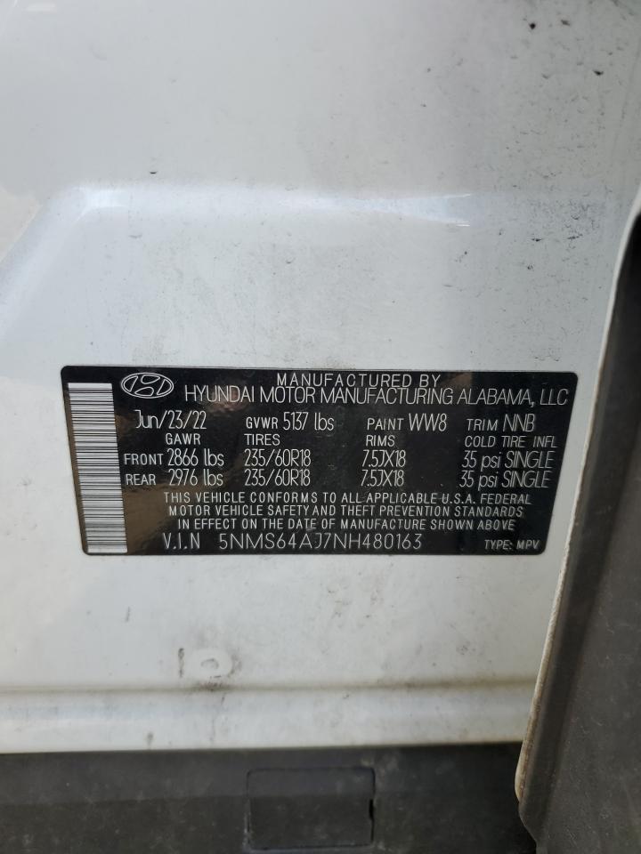 2022 HYUNDAI SANTA FE SEL VIN:5NMS64AJ7NH480163