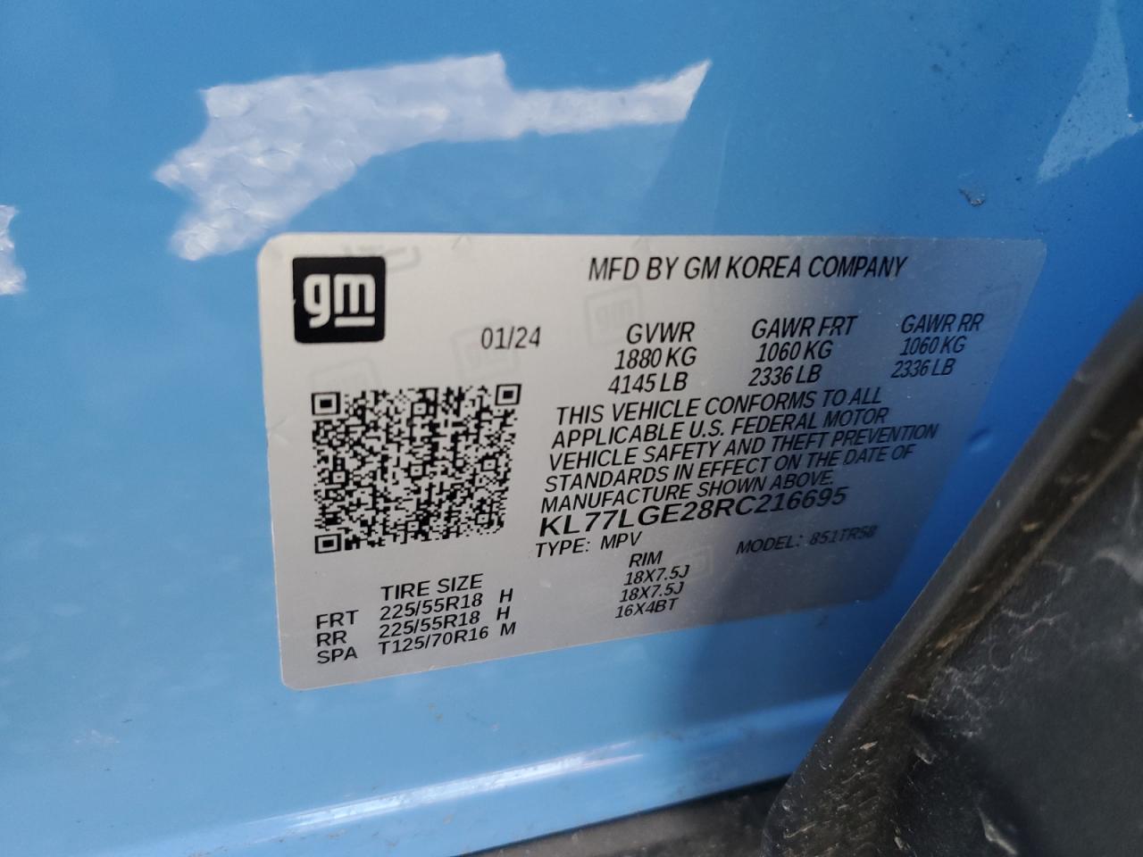 2024 CHEVROLET TRAX 1RS VIN:KL77LGE28RC216695