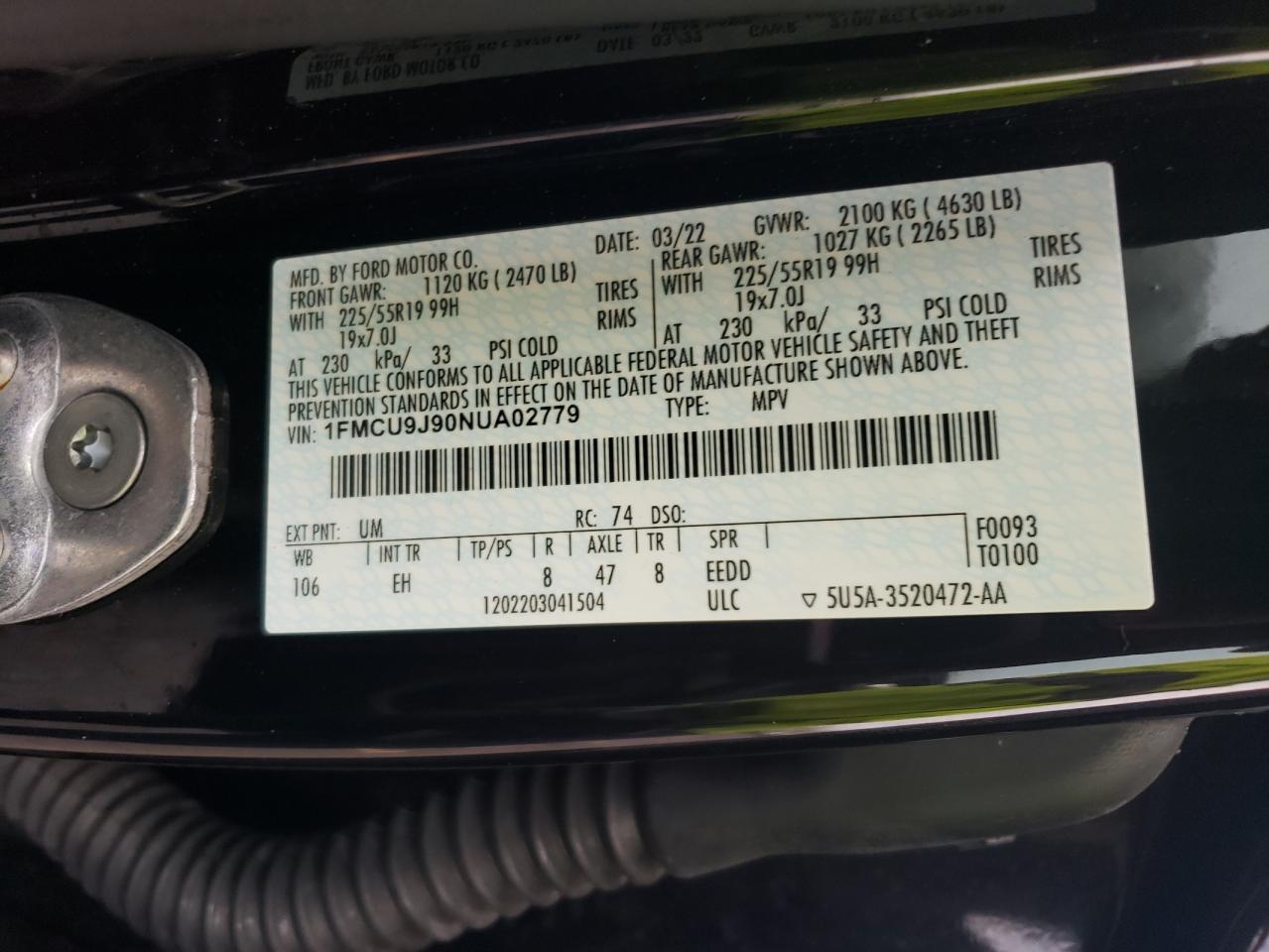 2022 FORD ESCAPE TITANIUM VIN:1FMCU9J90NUA02779