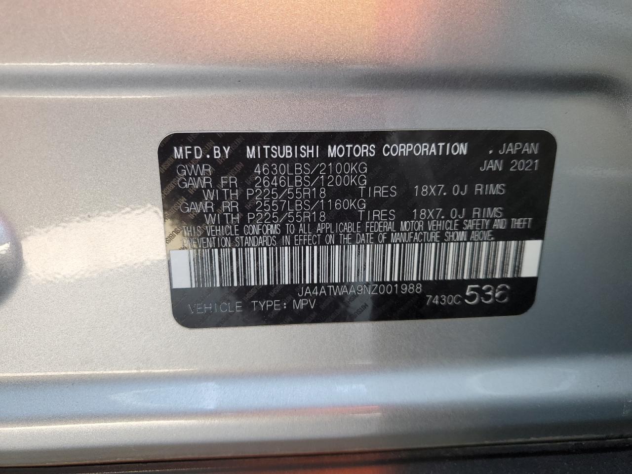 2022 MITSUBISHI ECLIPSE CROSS SE VIN:JA4ATWAA9NZ001988