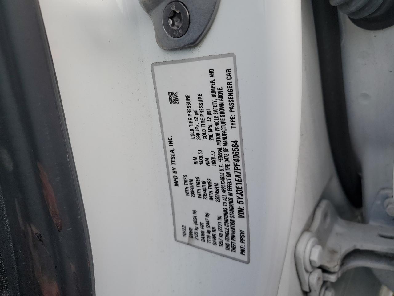 2023 TESLA MODEL 3 VIN:5YJ3E1EA7PF406584