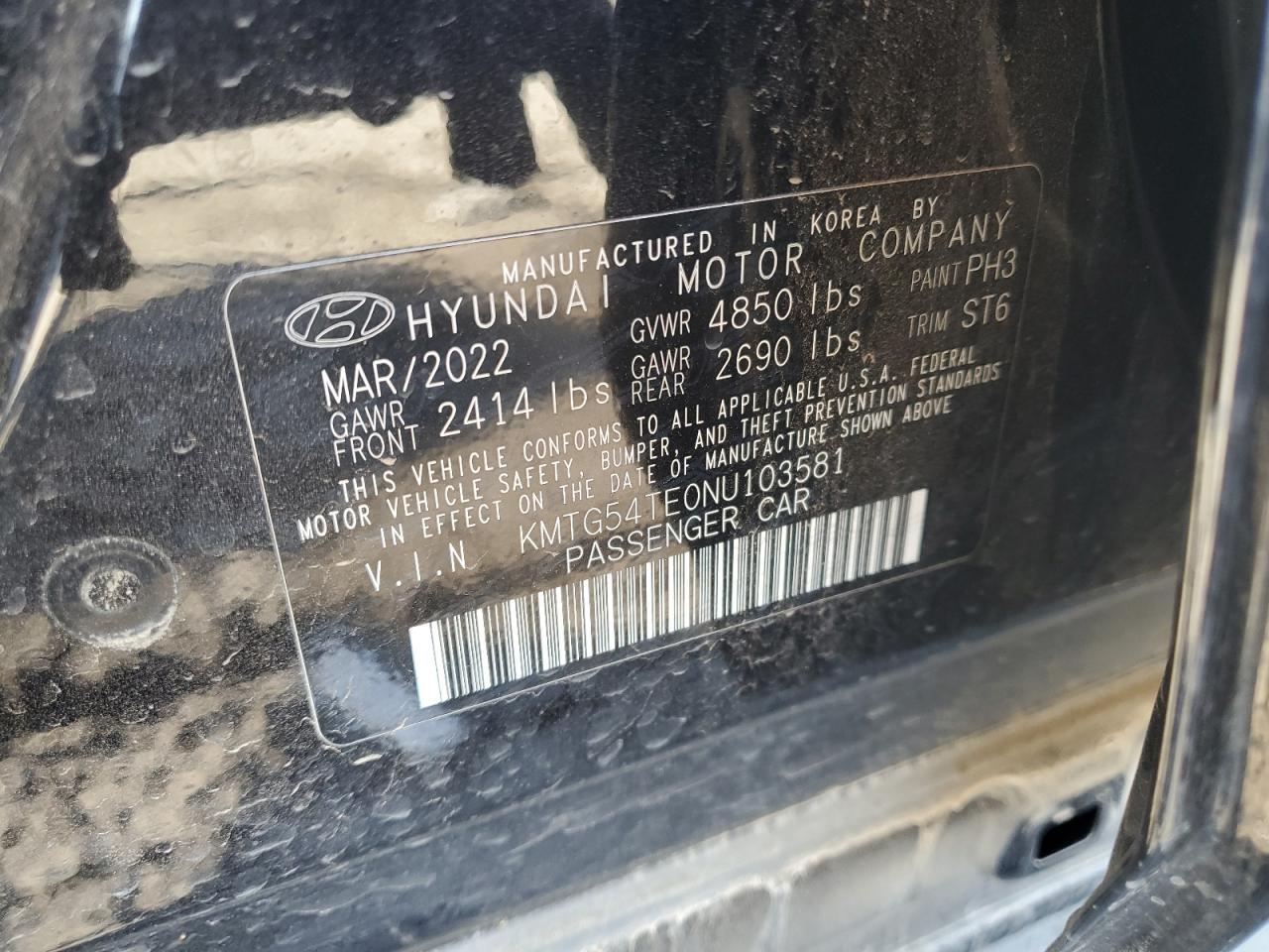 2022 GENESIS G70 BASE VIN:KMTG54TE0NU103581