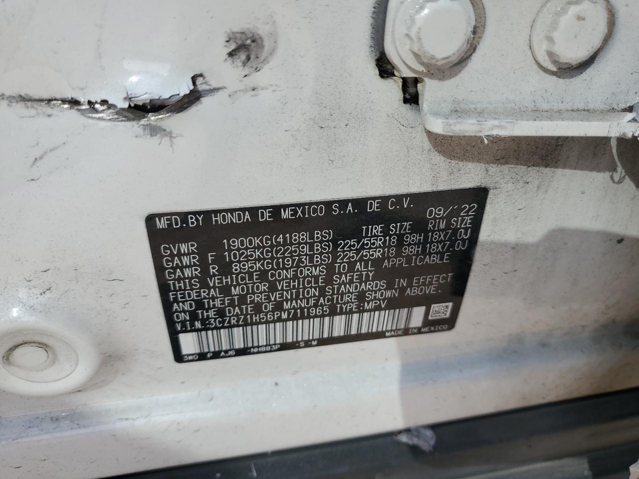 2023 HONDA HR-V SPORT VIN:3CZRZ1H56PM711965