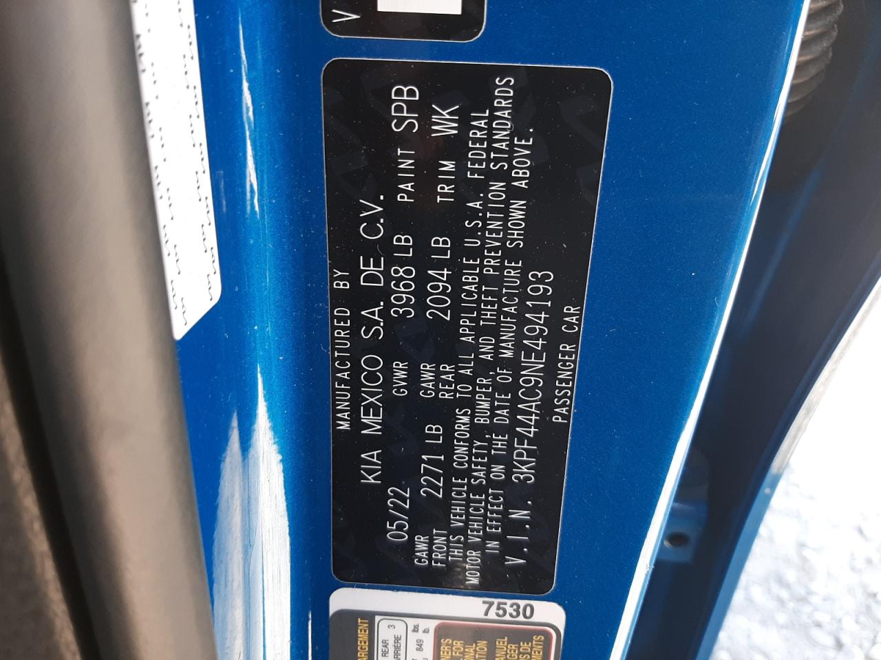 2022 KIA FORTE GT VIN:3KPF44AC9NE494193