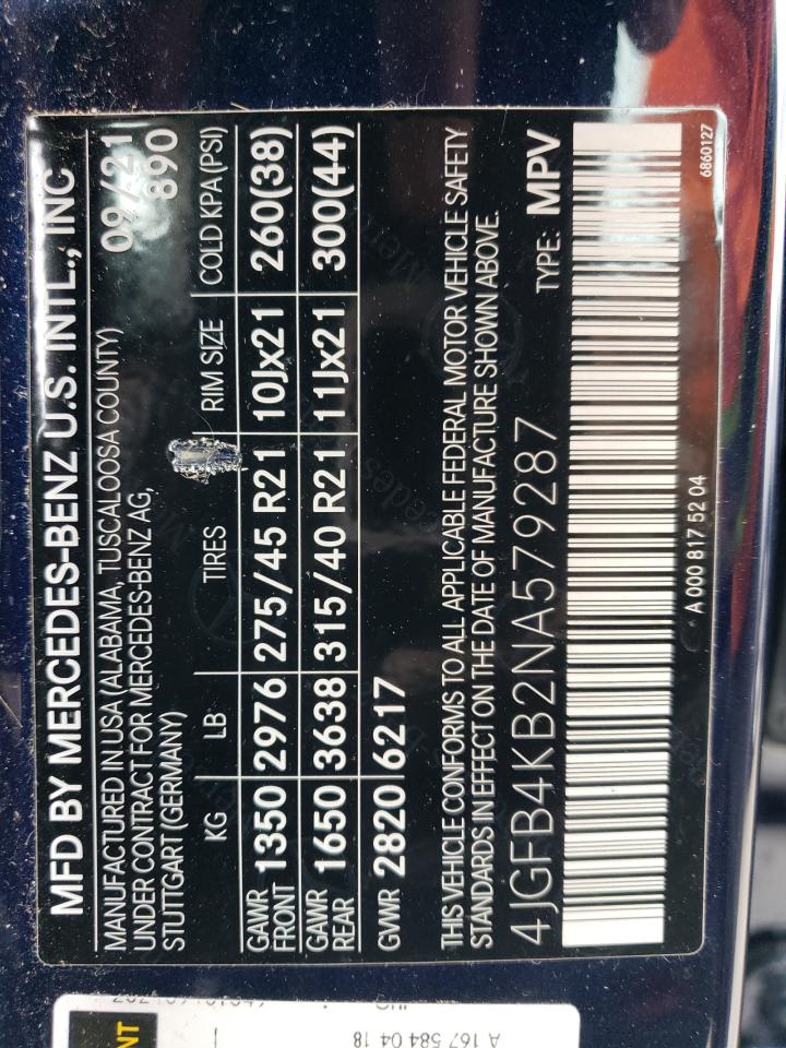 2022 MERCEDES-BENZ GLE 350 4MATIC VIN:4JGFB4KB2NA579287