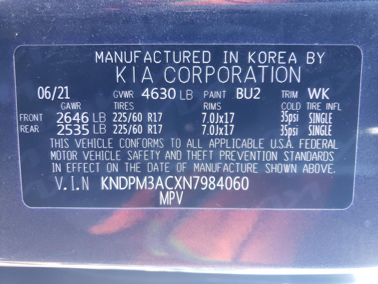 2022 KIA SPORTAGE LX VIN:KNDPM3ACXN7984060