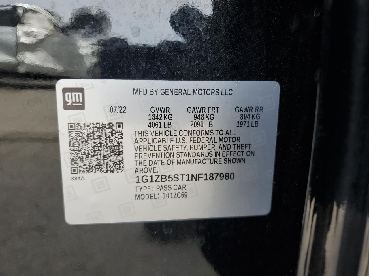 2022 CHEVROLET MALIBU LS VIN:1G1ZB5ST1NF187980