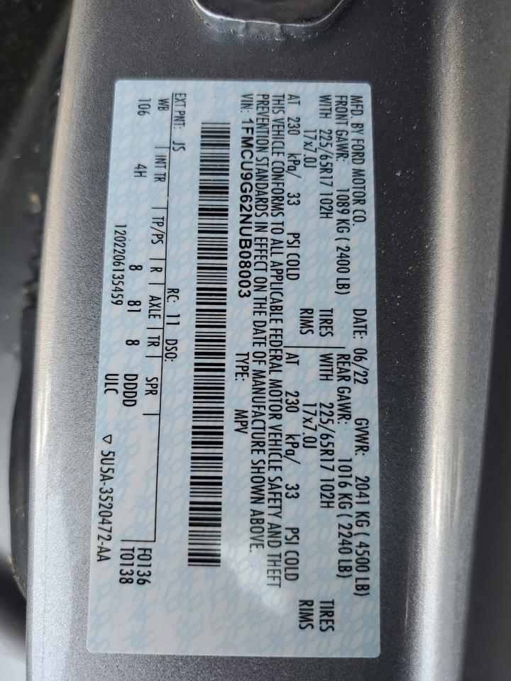 2022 FORD ESCAPE SE VIN:1FMCU9G62NUB08003