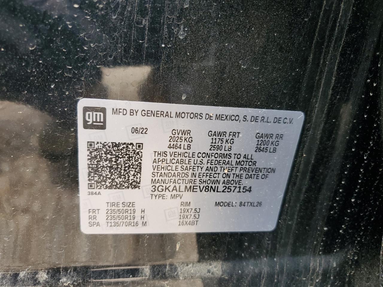 2022 GMC TERRAIN SLE VIN:3GKALMEV8NL257154