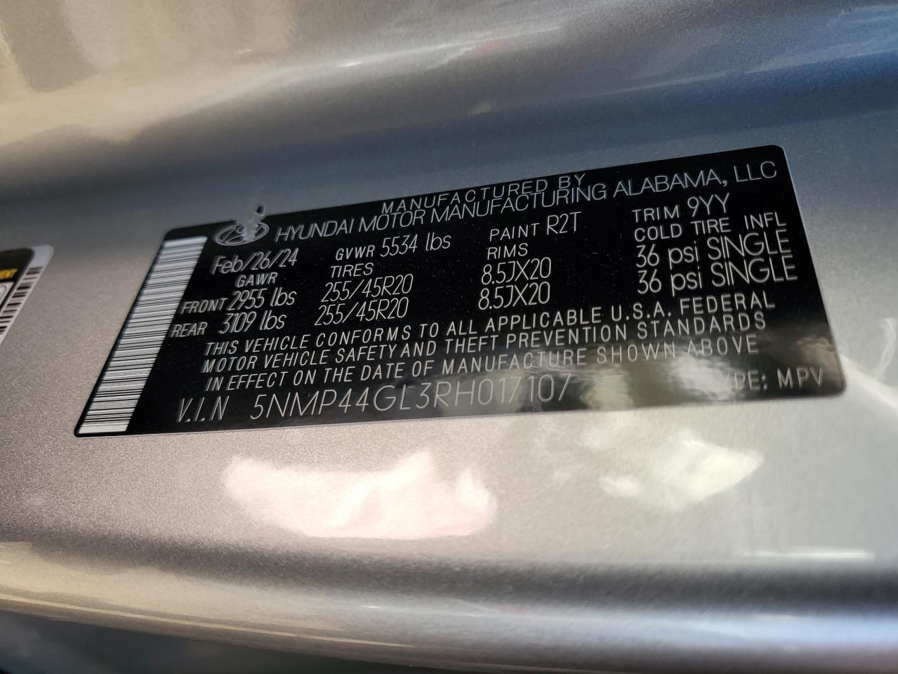 2024 HYUNDAI SANTA FE LIMITED VIN:5NMP44GL3RH017107