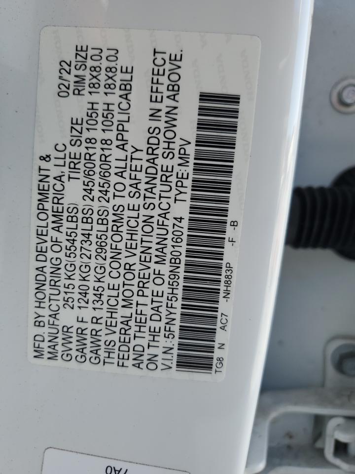 2022 HONDA PILOT EXL VIN:5FNYF5H59NB016074