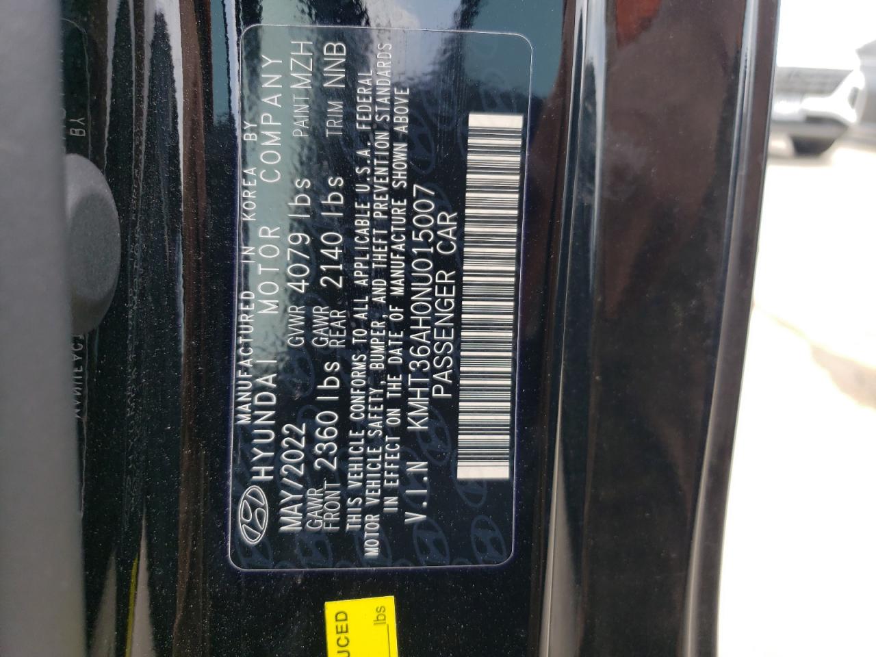 2022 HYUNDAI VELOSTER N VIN:KMHT36AH0NU015007