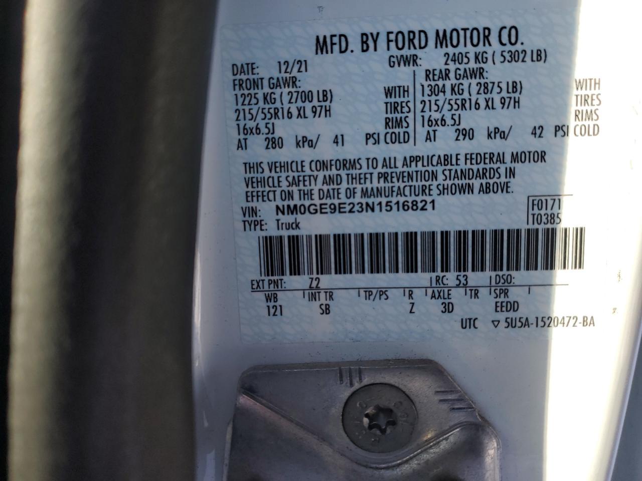 2022 FORD TRANSIT CONNECT XL VIN:NM0GE9E23N1516821