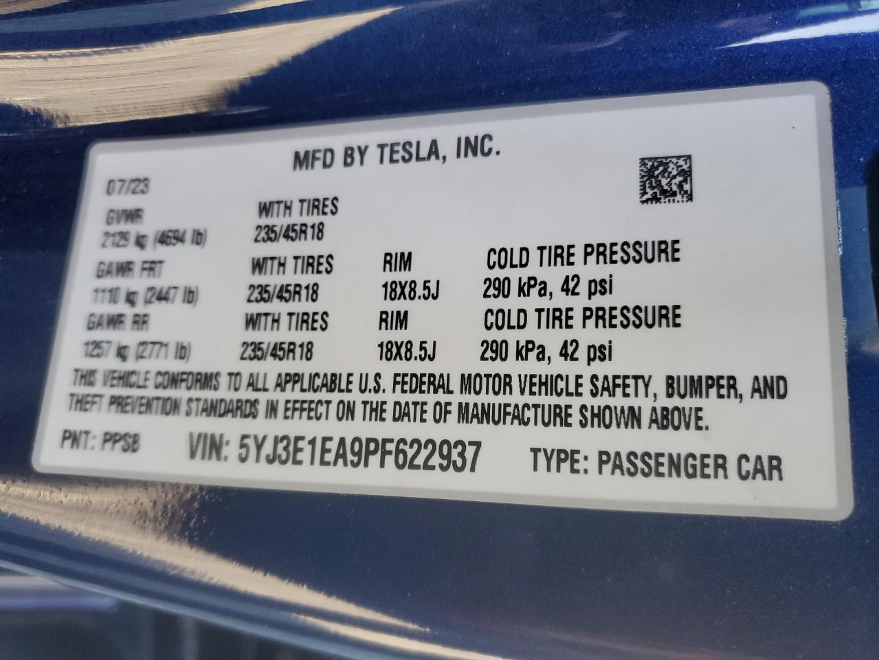 2023 TESLA MODEL 3 VIN:5YJ3E1EA9PF622937
