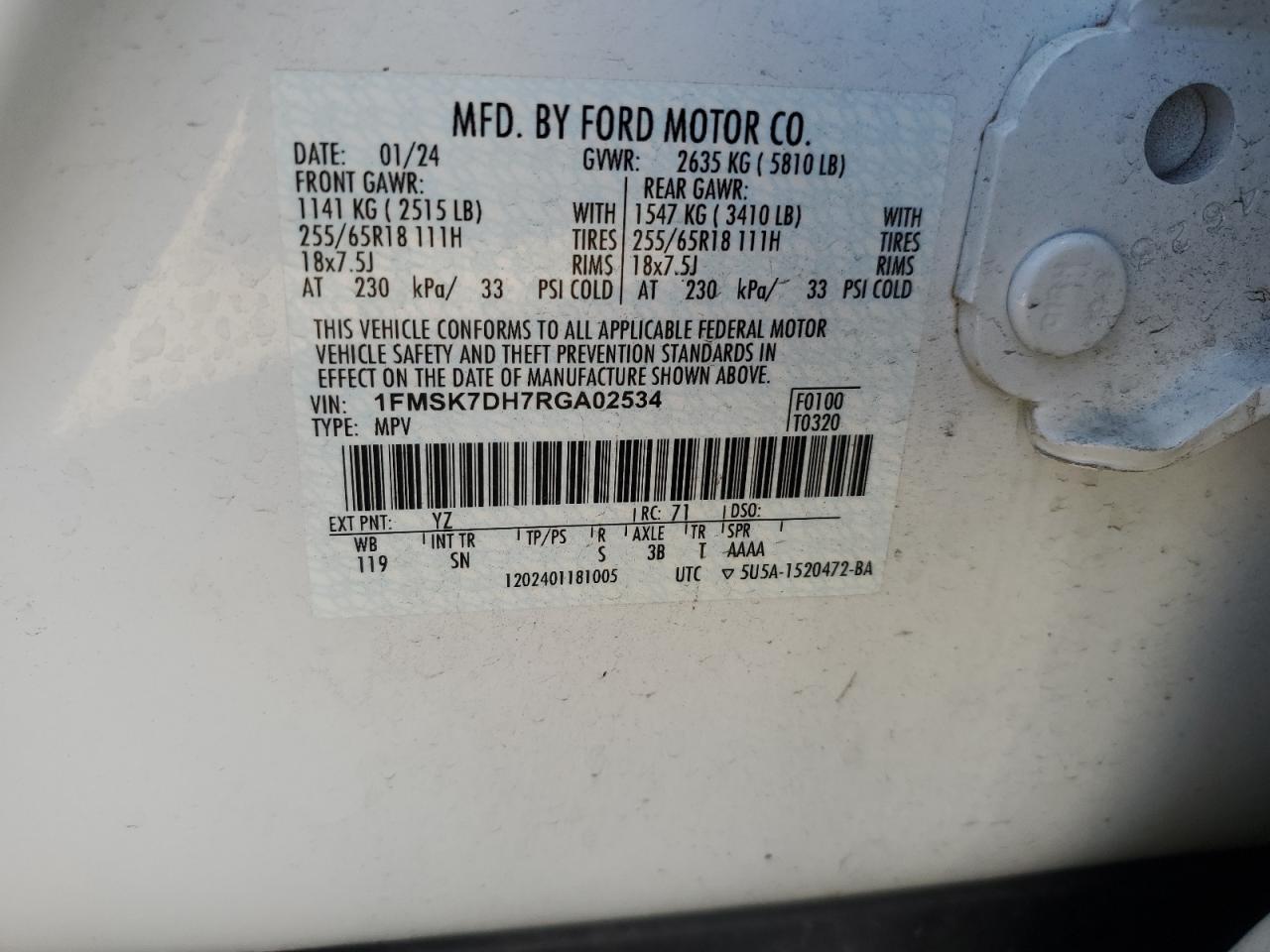2024 FORD EXPLORER XLT VIN:1FMSK7DH7RGA02534
