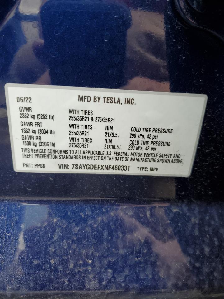 2022 TESLA MODEL Y VIN:7SAYGDEFXNF460331