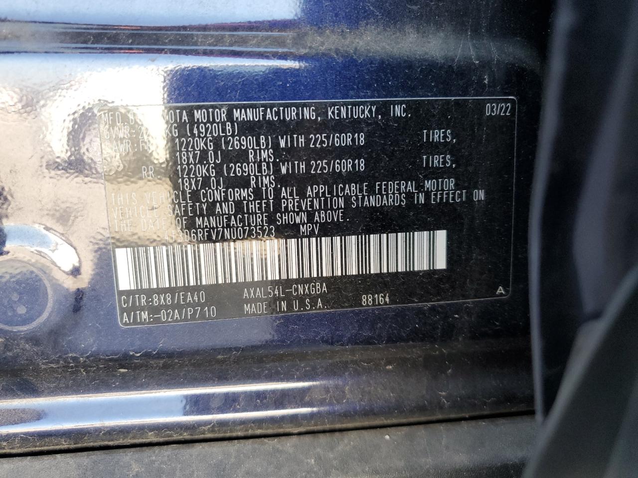 2022 TOYOTA RAV4 LIMITED VIN:4T3D6RFV7NU073523