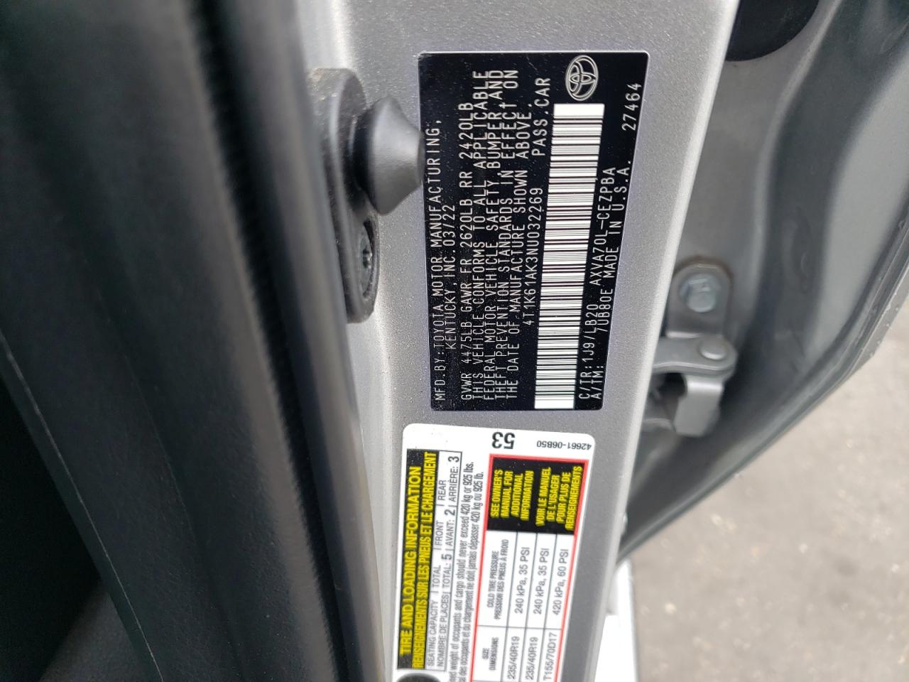 2022 TOYOTA CAMRY XSE VIN:4T1K61AK3NU032269