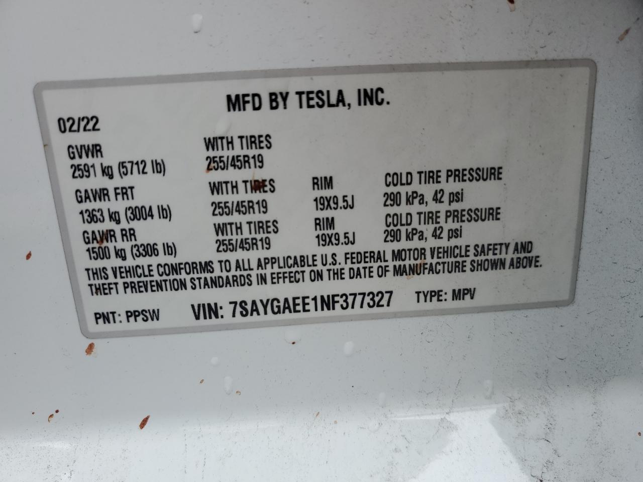 2022 TESLA MODEL Y VIN:7SAYGAEE1NF377327