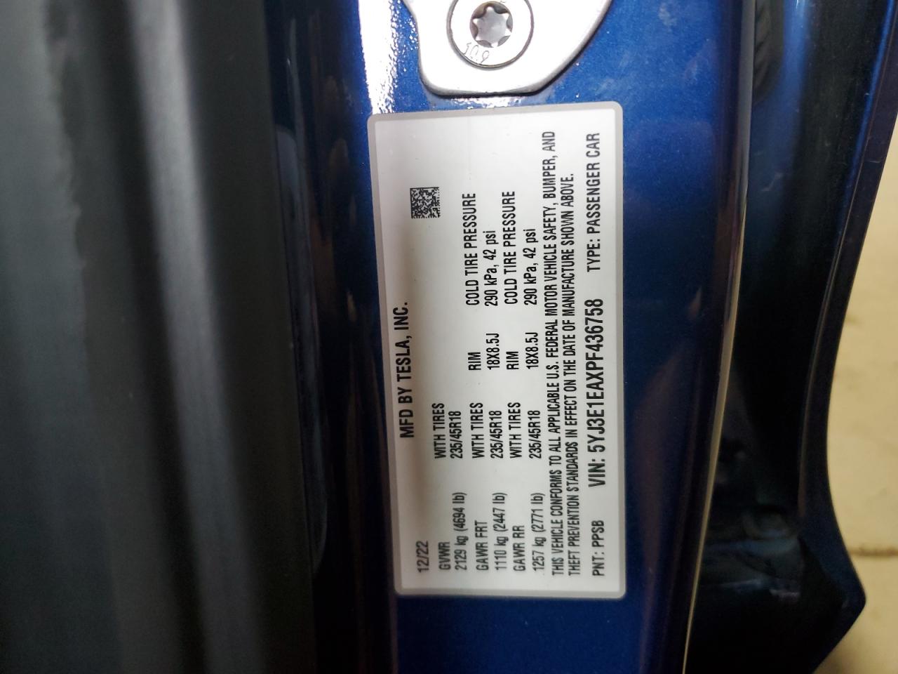 2023 TESLA MODEL 3 VIN:5YJ3E1EAXPF436758
