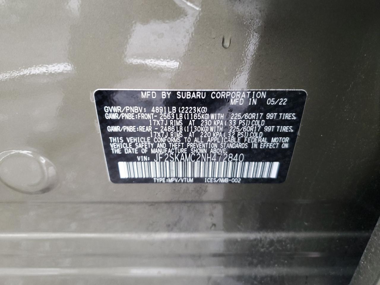 2022 SUBARU FORESTER WILDERNESS VIN:JF2SKAMC2NH472840