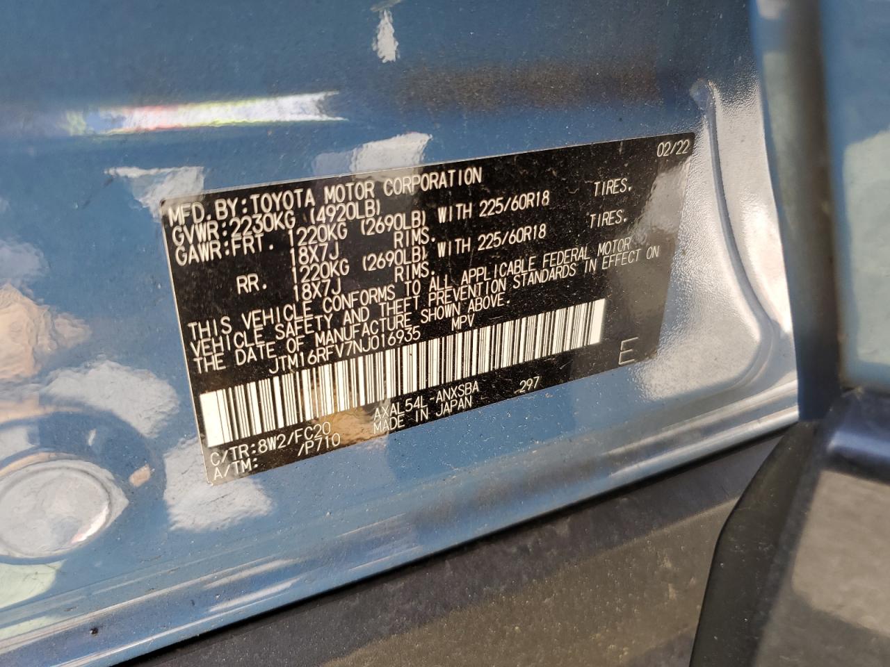 2022 TOYOTA RAV4 SE VIN:JTM16RFV7NJ016935