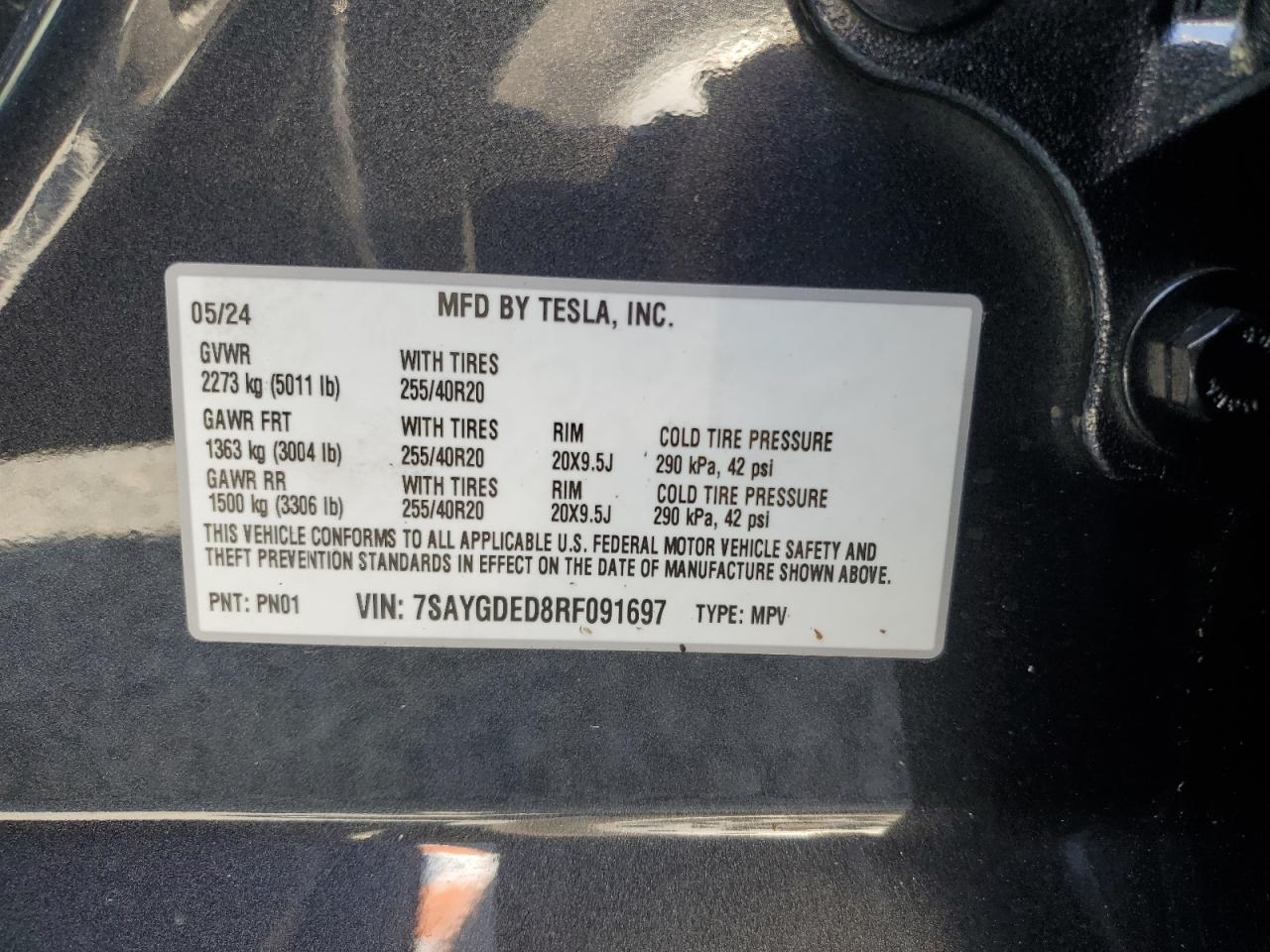 2024 TESLA MODEL Y VIN:7SAYGDED8RF091697