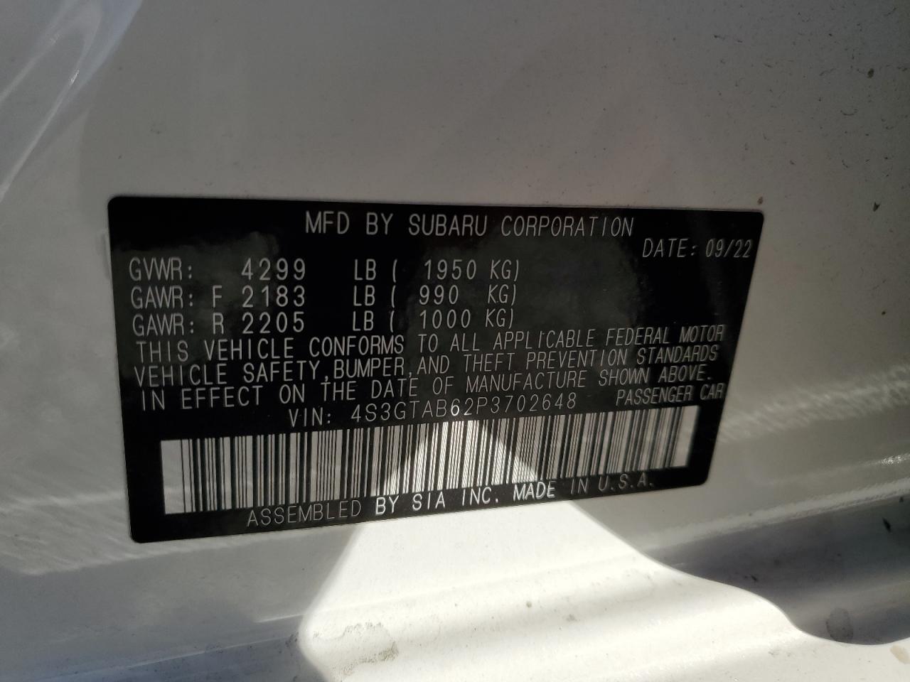 2023 SUBARU IMPREZA VIN:4S3GTAB62P3702648