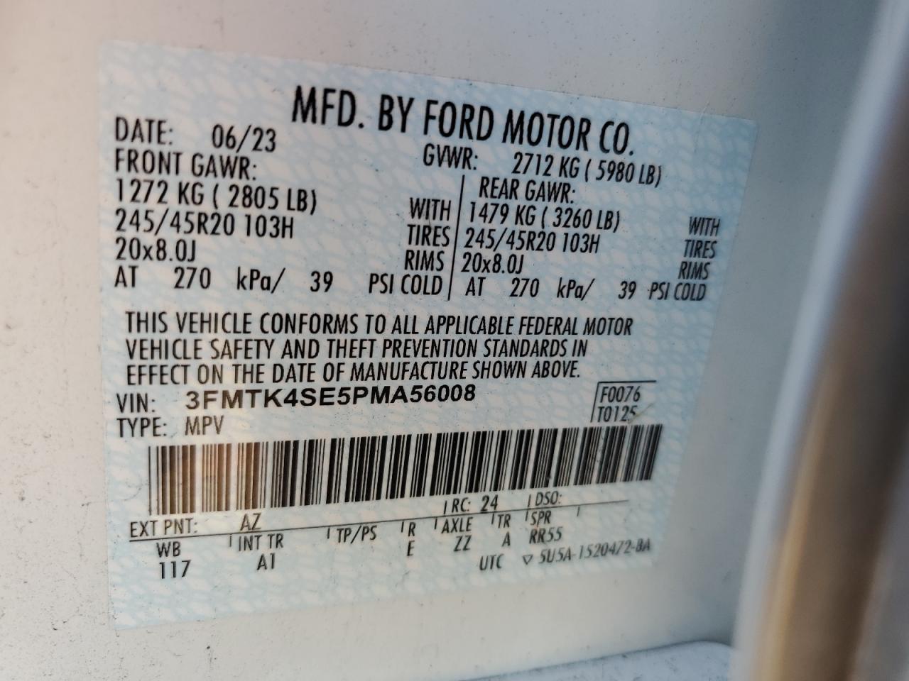 2023 FORD MUSTANG MACH-E GT VIN:3FMTK4SE5PMA56008