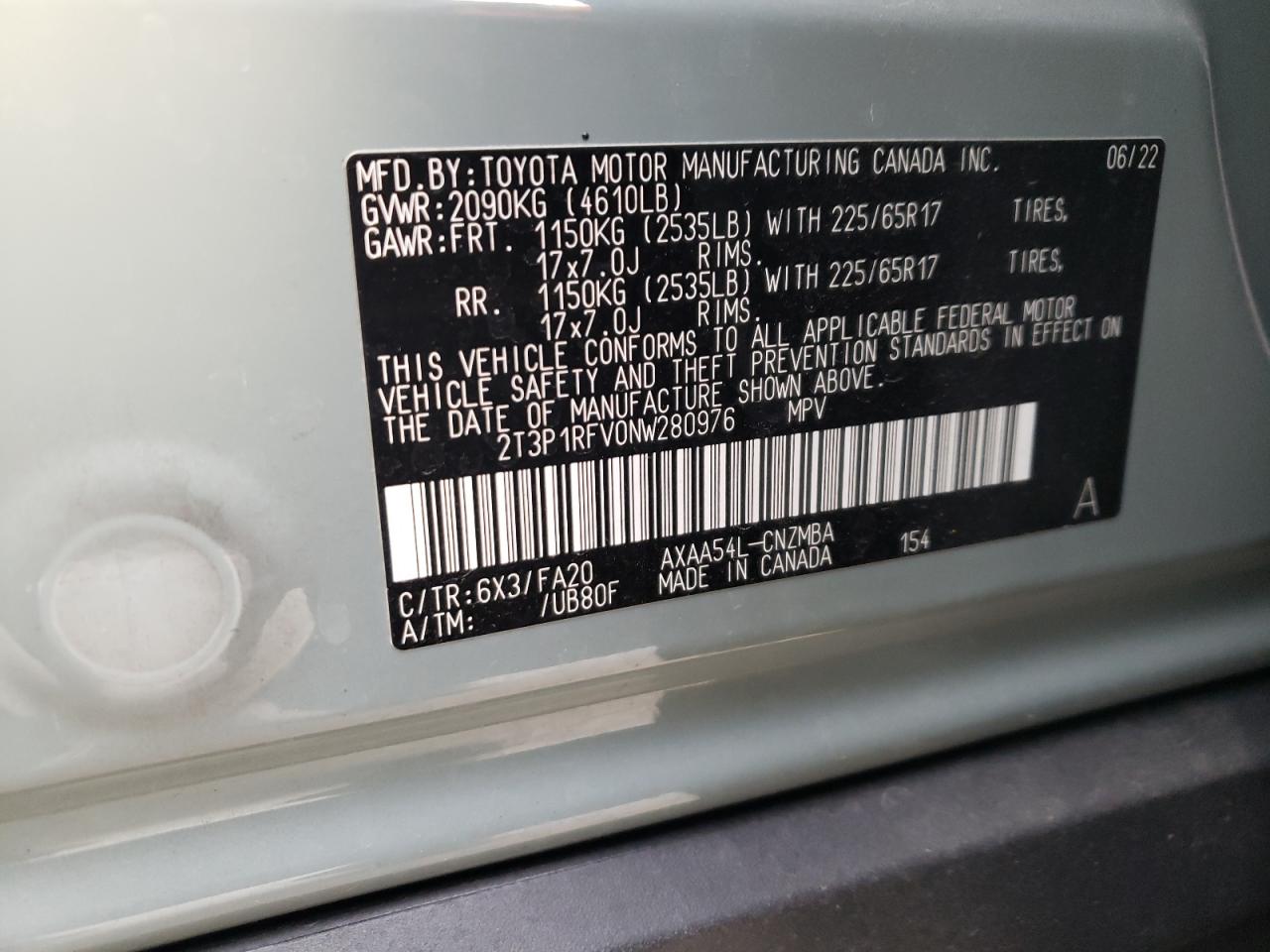 2022 TOYOTA RAV4 XLE VIN:2T3P1RFV0NW280976