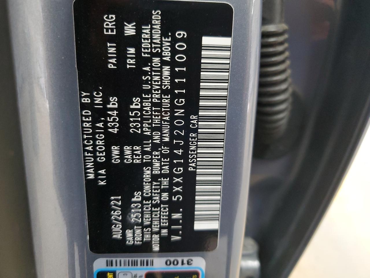 2022 KIA K5 LXS VIN:5XXG14J20NG111009