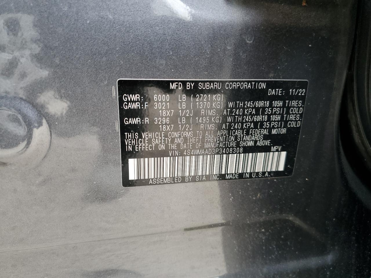 2023 SUBARU ASCENT VIN:4S4WMAAD3P3408308