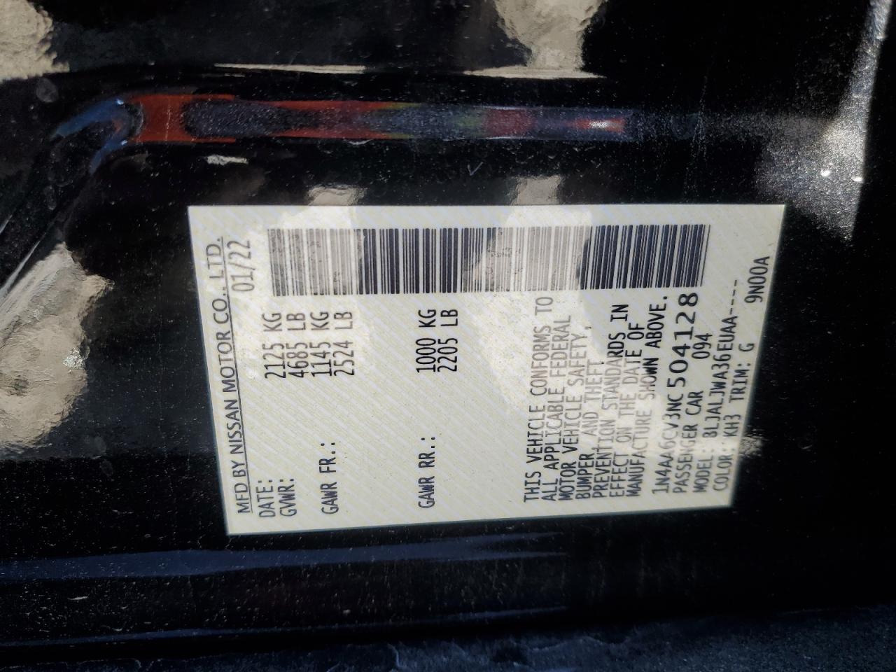 2022 NISSAN MAXIMA SV VIN:1N4AA6CV3NC504128