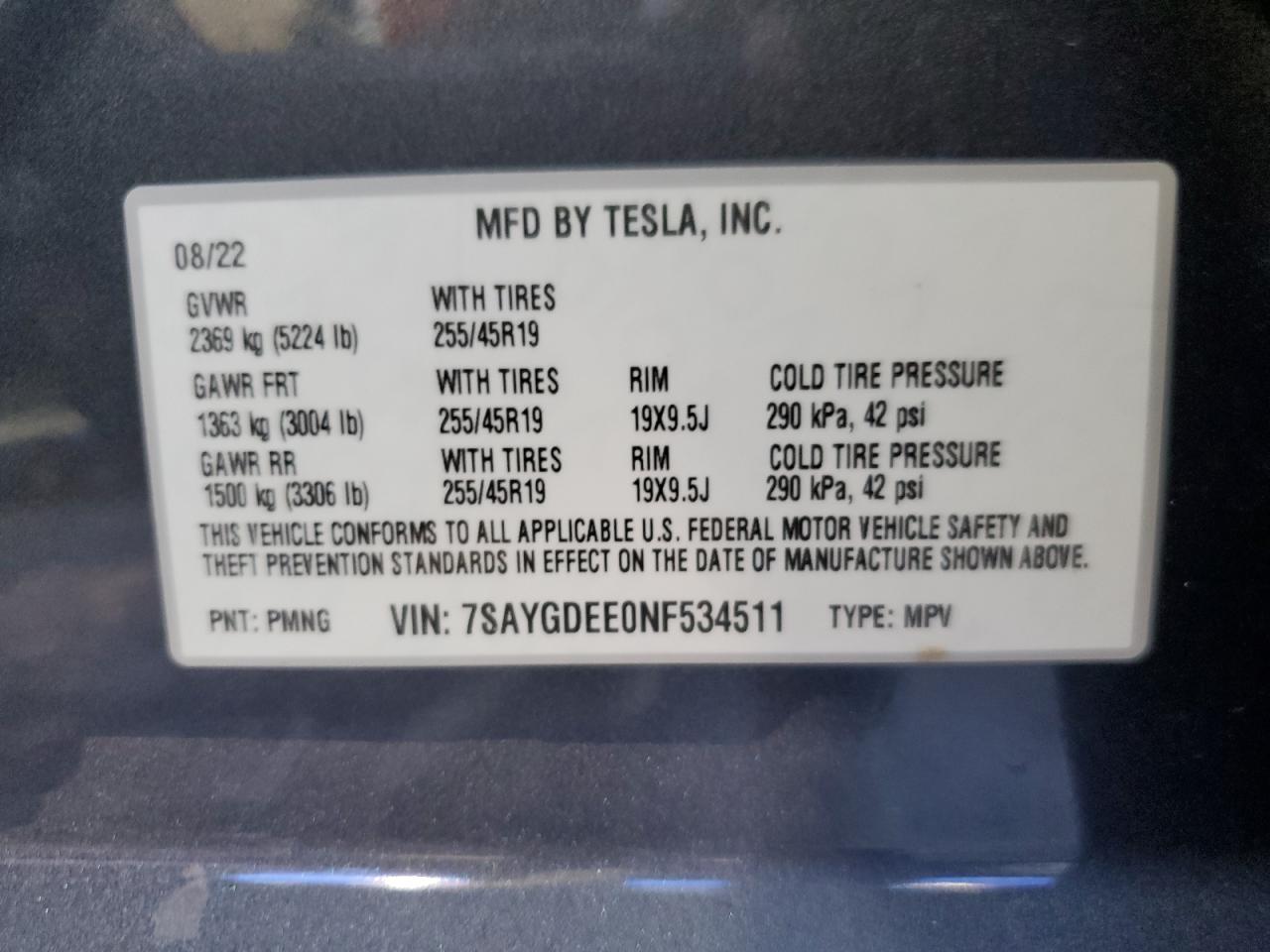 2022 TESLA MODEL Y VIN:7SAYGDEE0NF534511
