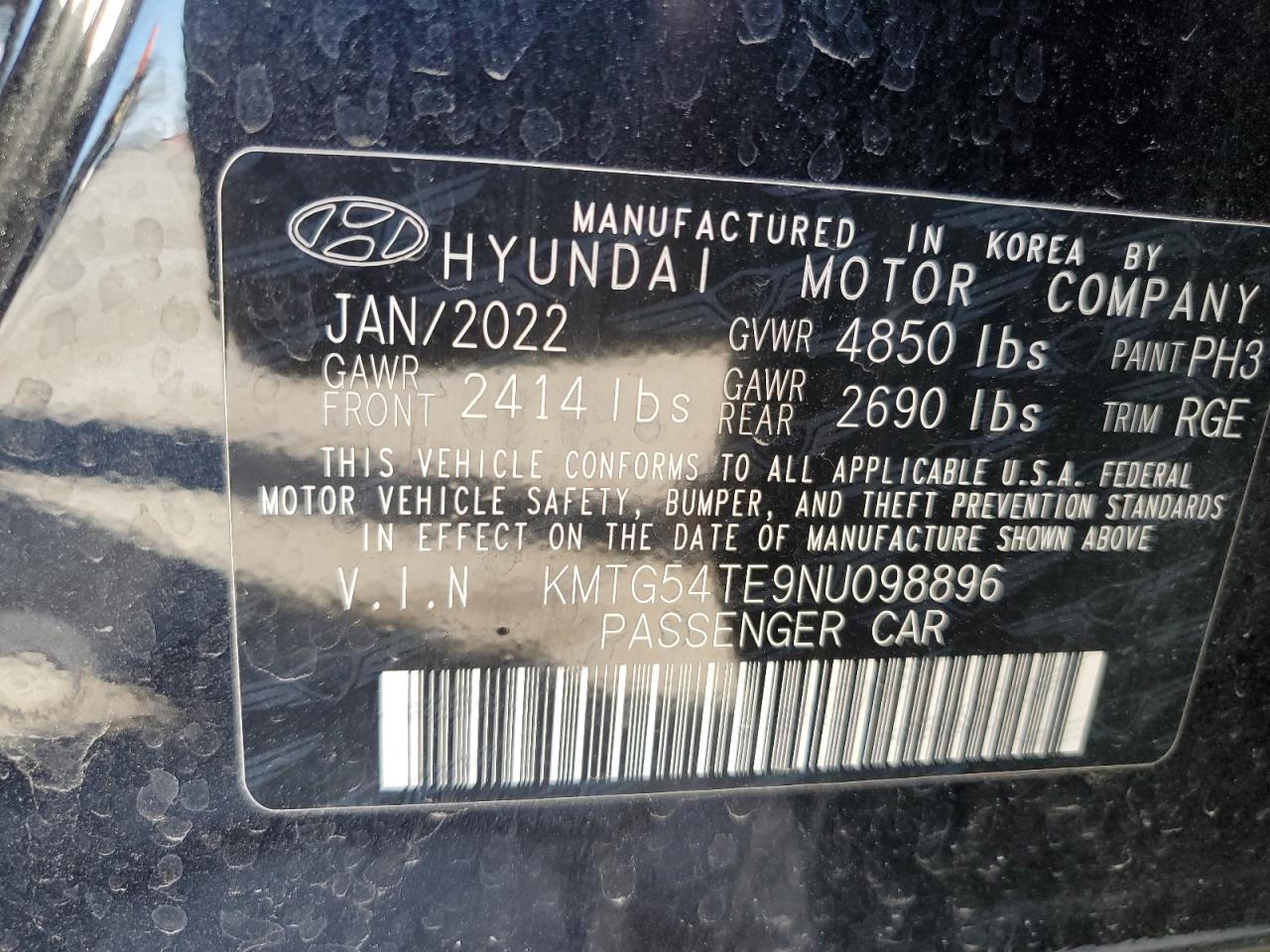 2022 GENESIS G70 BASE VIN:KMTG54TE9NU098896