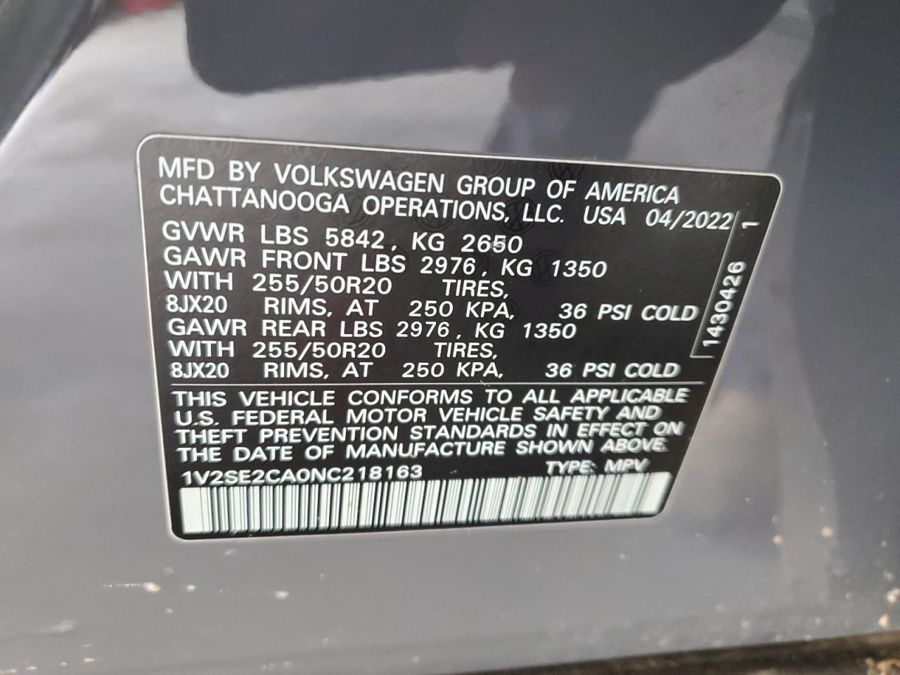 2022 VOLKSWAGEN ATLAS CROSS SPORT SEL R-LINE VIN:1V2SE2CA0NC218163