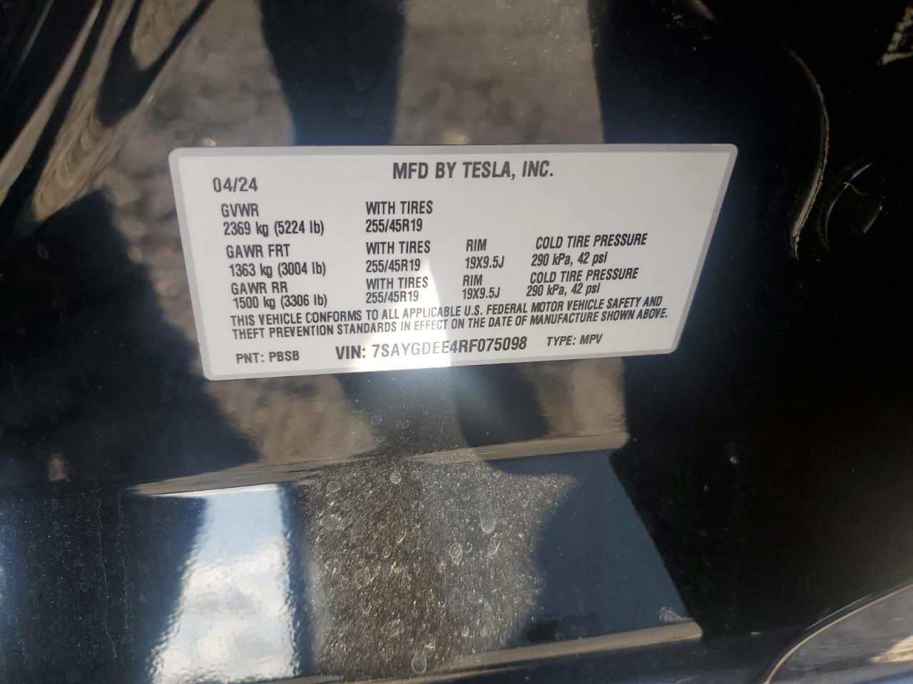 2024 TESLA MODEL Y VIN:7SAYGDEE4RF075098