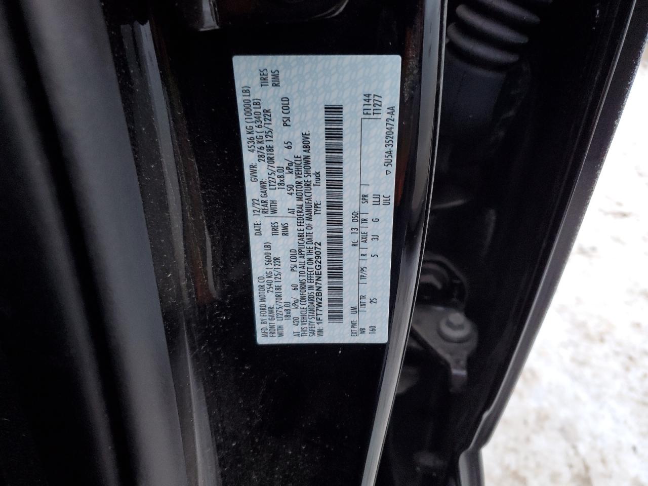 2022 FORD F250 SUPER DUTY VIN:1FT7W2BN7NEG29072